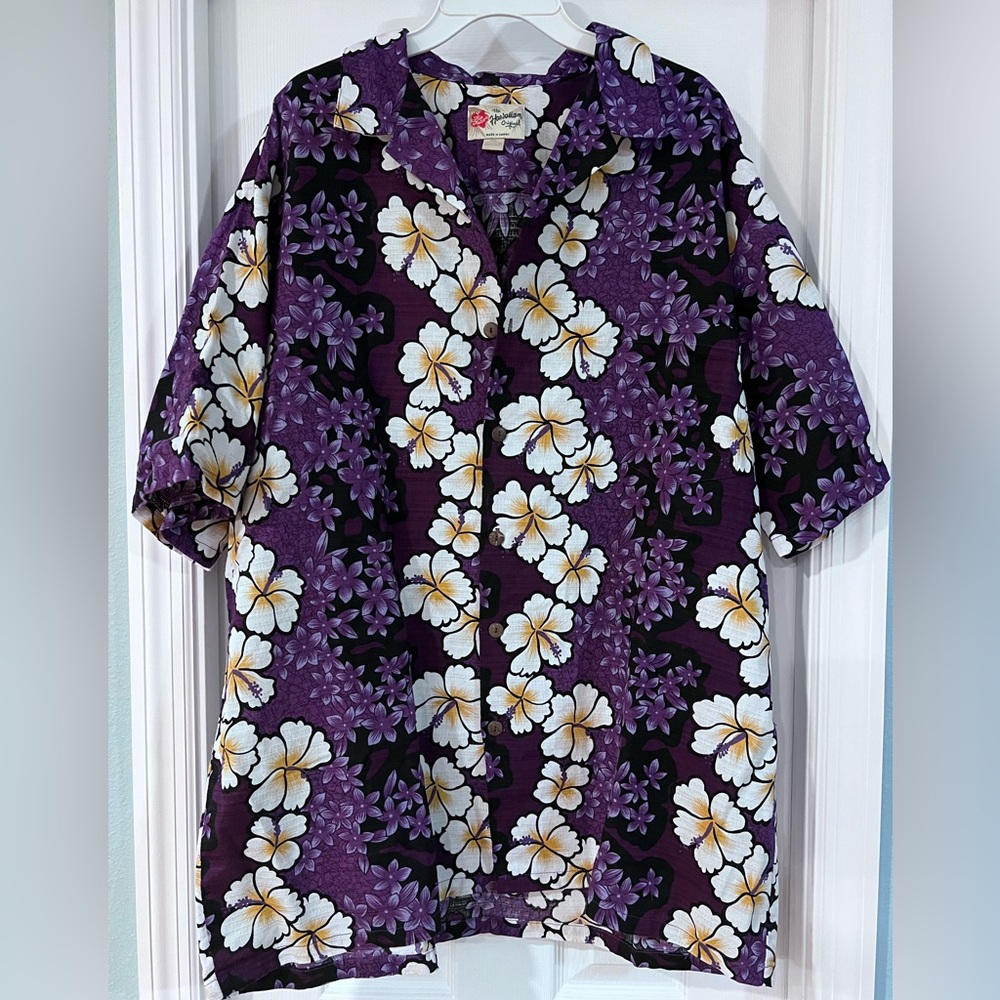 Hilo Hattie 2X Hibiscus Cotton Barkcloth Hawaiian Aloha Shirt Vintage